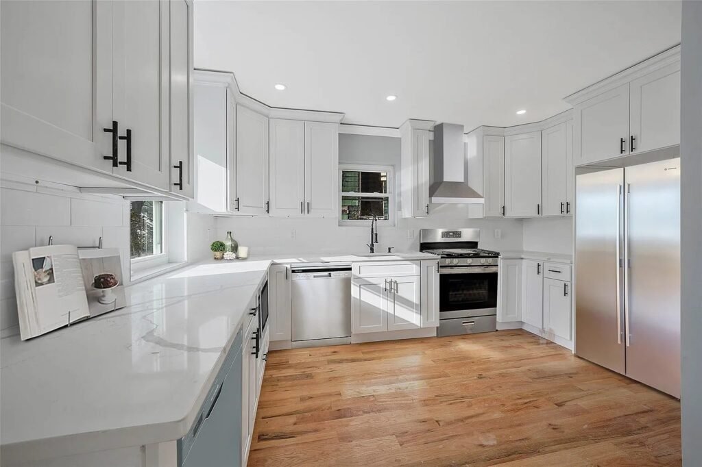 Kitchen with white cabinets and wood floors