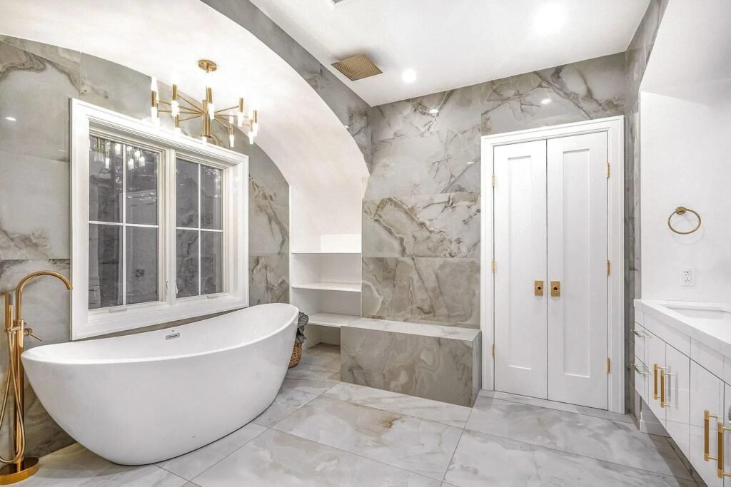Bathroom with walk-in shower and floating vanity